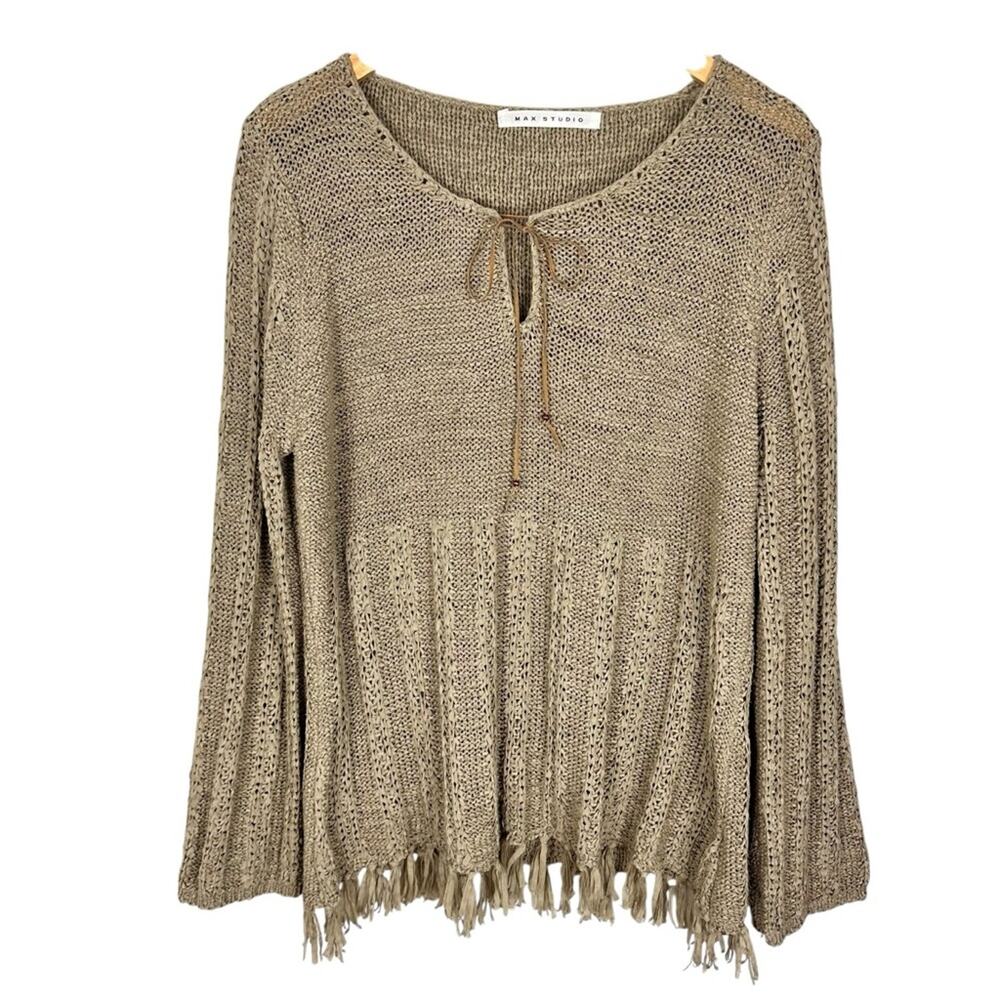 Vintage 90’s Max Studio Boho Knit Long Sleeve Fringe Hem Tunic Top Sz M/L
